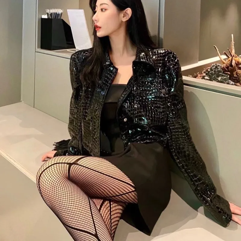 Fashion Jackets Short Black Glossy Coats Lapels Single Breasted Tops Crocodile Grain Long Sleeve Slimming Jackets Women's Coat