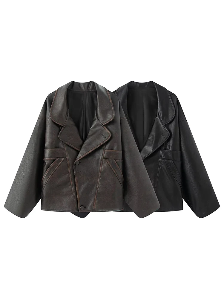 

European and American style women's autumn and winter new motorcycle style American retro old high-end lapel long-sleeved jacket
