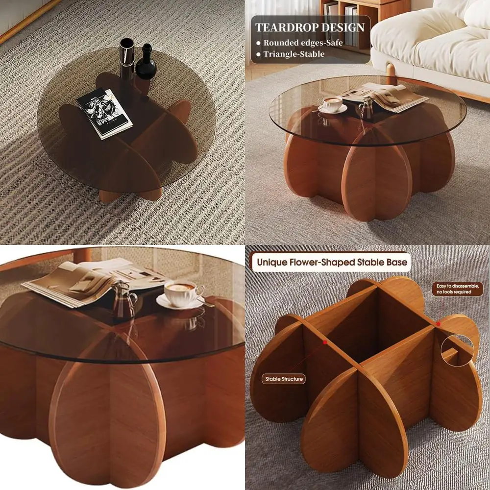 

Mid-Century Modern Walnut Round Glass Coffee Table for Living & Bedroom, Ideal for Home and Office Use