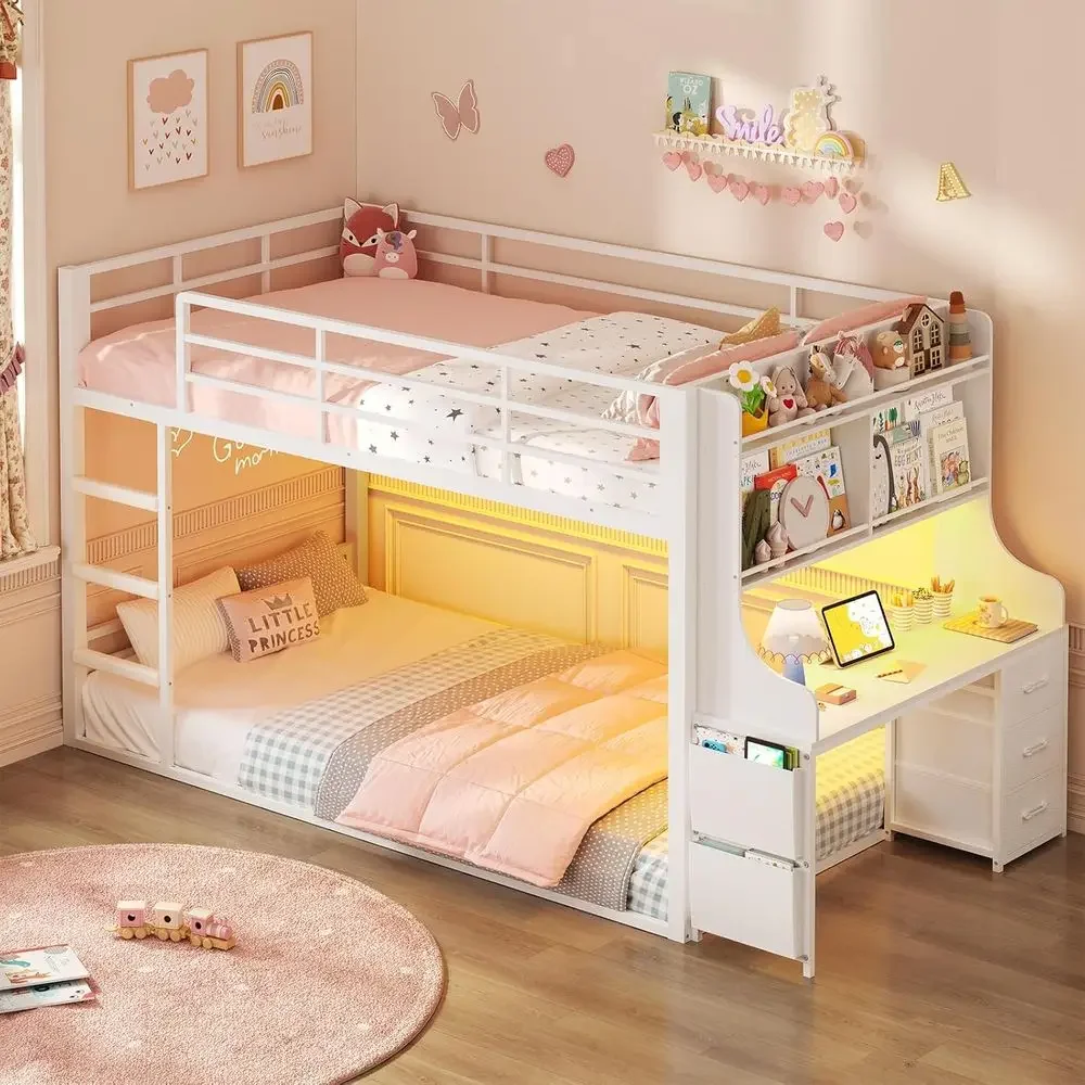 Twin Over Twin Metal Bunk Bed with Desk, Bookshelf, Storage Drawers, RGB Lights, Charging Station, and Safety Rail - White