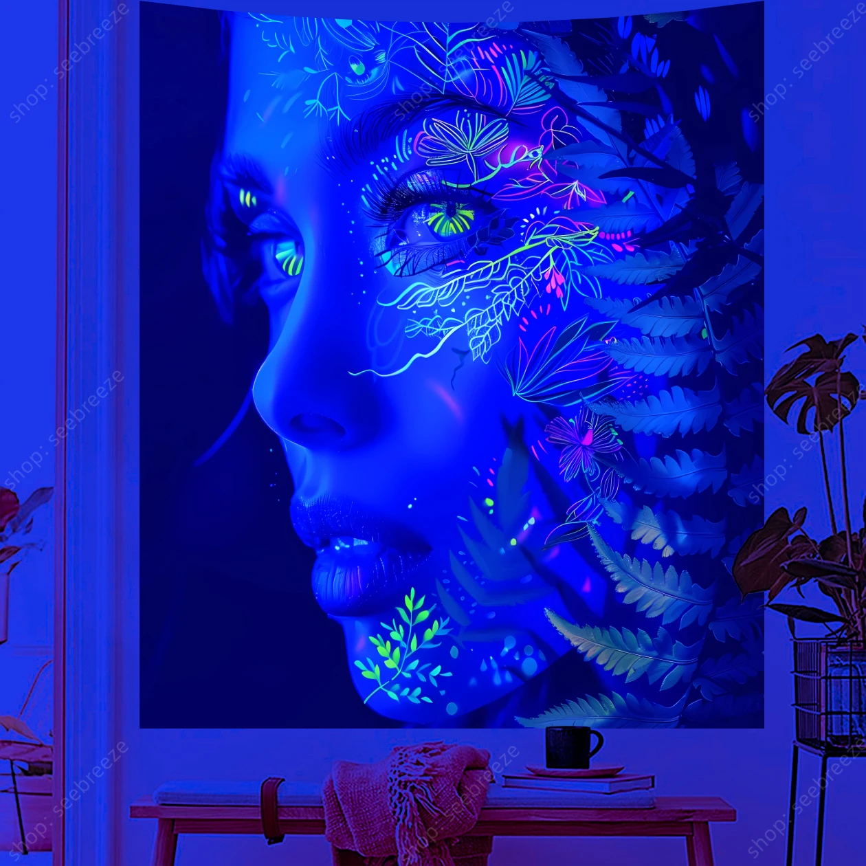 The Face of Beautiful Woman UV Reactive Tapestry Pteridophyte Neon Backdrop Wall Tapestry Room Decor Aesthetic Gift for Friends