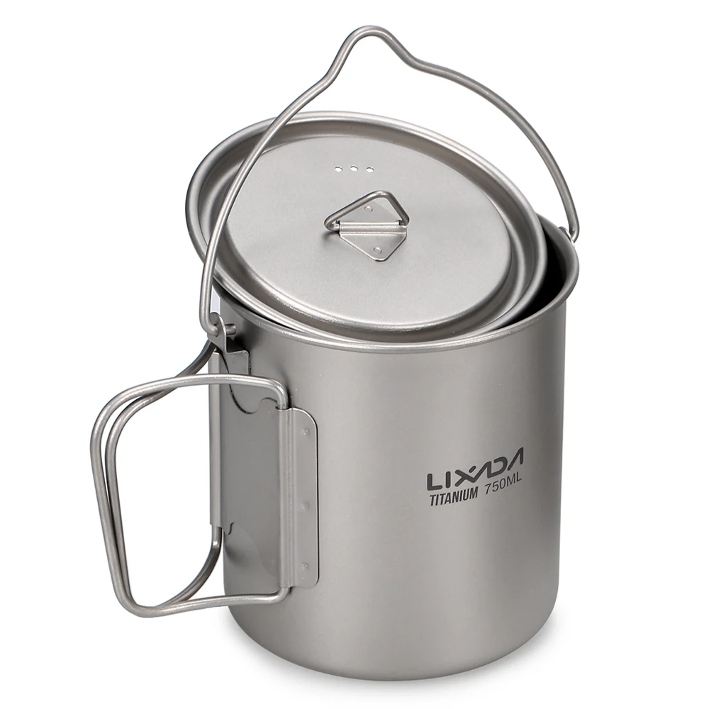 

Ultralight 750ml Titanium Pot Portable Titanium Water Mug Cup with Lid and Foldable Handle Outdoor Camping Cooking Picnic