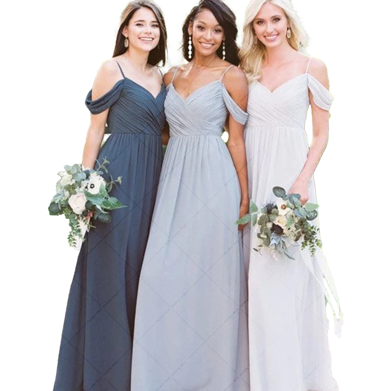 Elegant Ruffles Chiffon Bridesmaid Dress Cap Sleeve Spaghetti Straps Wedding Party Gown Off The Shoulder Mujer Invitada Chic