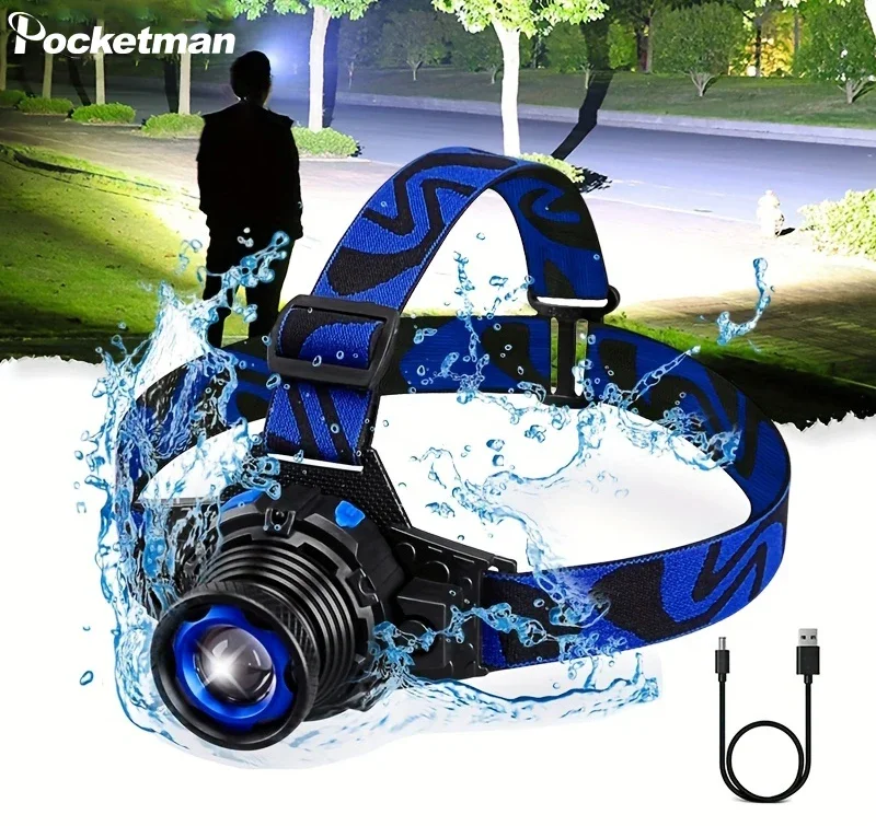 

Powerful LED Headlamp Waterproof Headlight Rechargeable Head Lamp Super Bright Camping Head Light Zoomable Head Flashlight