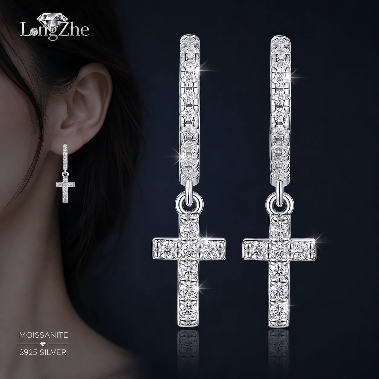 

LongZhe Moissanite Cross Earrings for Women 925 Sterling Silver Hoop Drop Earrings 1.5mm 34 Stones GRA Fine Jewelry Gift for Her