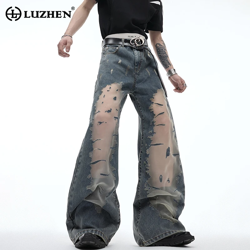 

LUZHEN Stylish Personalized Gauze Splicing Perspective Design Denim Pants Men 2024 New Original Design High Street Jeans LZ3964