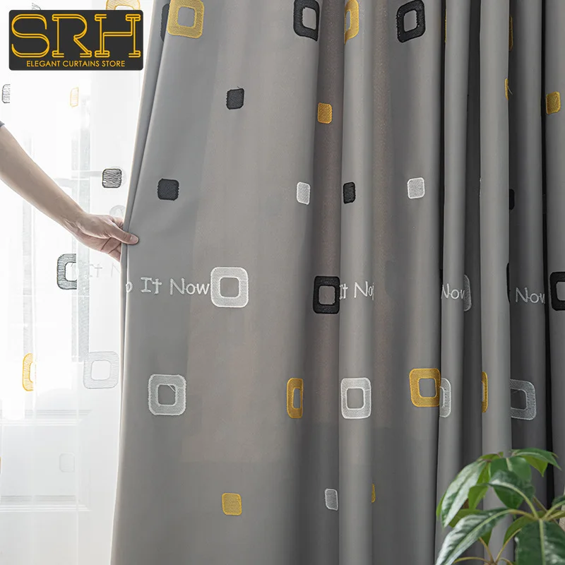 

New Geometric Pattern Embroidered Blackout Curtains Modern Simple Checkered Printed White Tulle Window Decoration Cloth Custom