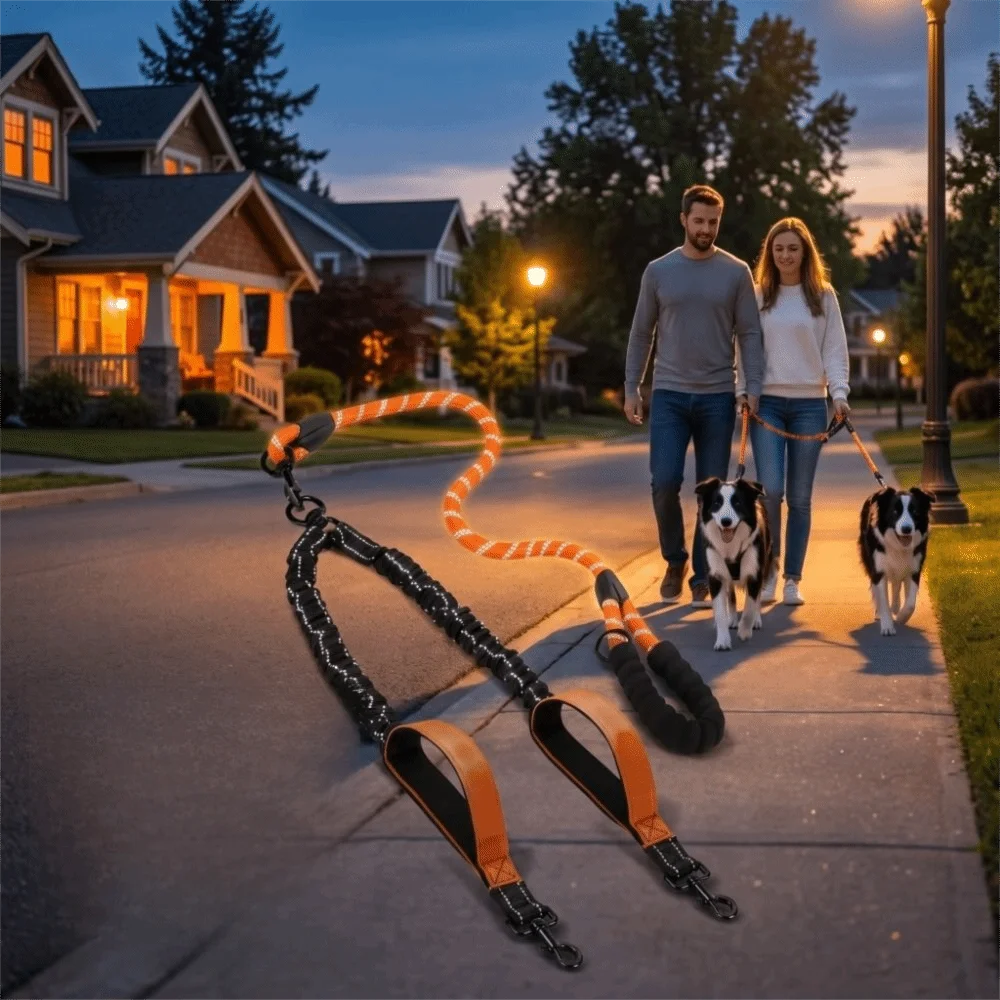 360 Swivel Dual Dog Leash Reflective Shock Absorbing Double Head Pet Rope Comfortable Handle Anti Pull Pet Walking Rope Two Dogs