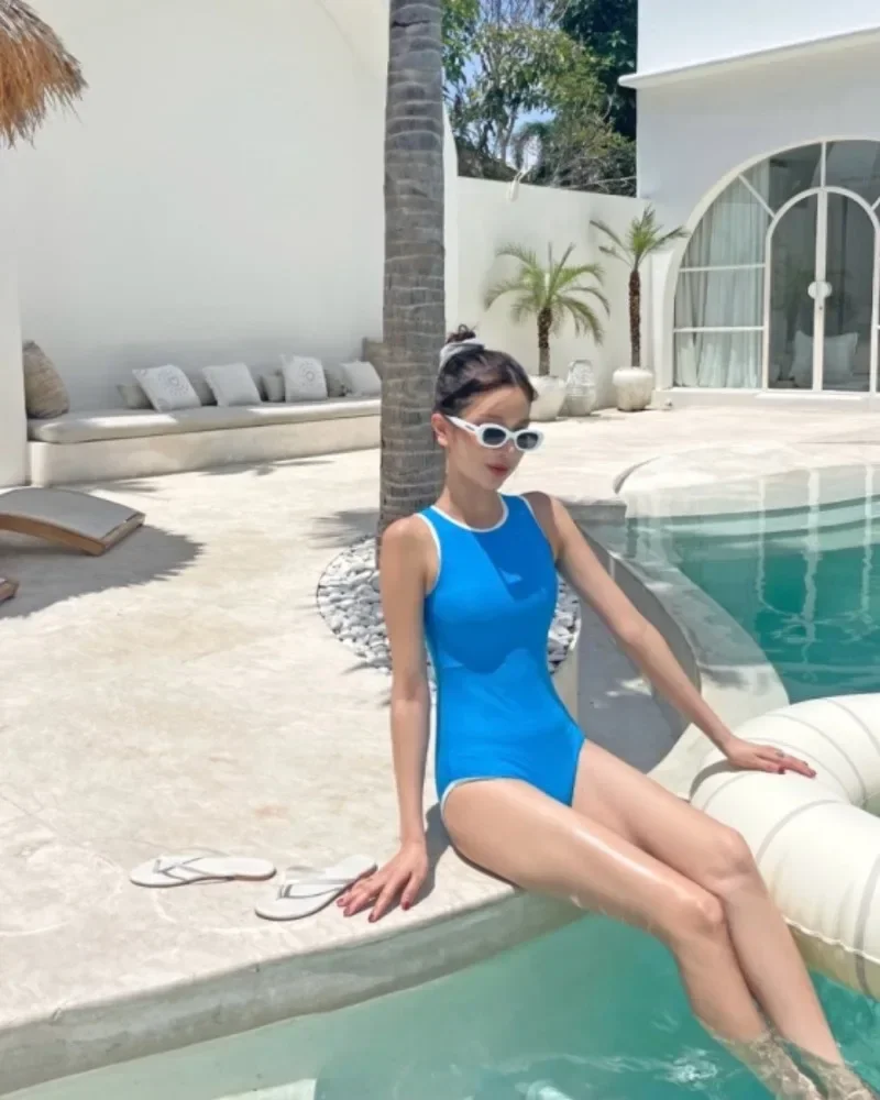 2024 新韓国スタイルワンピース水着シンプルな背中の開いたスリング水着無地セクシーな水着温泉着用水着