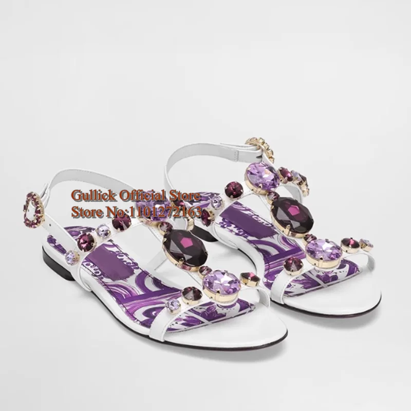 Bohemia Style Rhinestone Gem Chunky Heels Sandals Purple Leather Ankle Strap 10cm Crystal Female Summer Dress Shoes