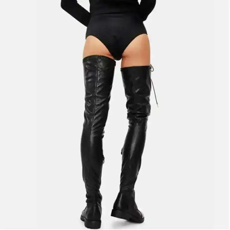 Lace Up Bar Nightclub Women\'s Over The Knee Boots Big Size 34-46 Low Heels Boots Side Zip Black Red Long Boots