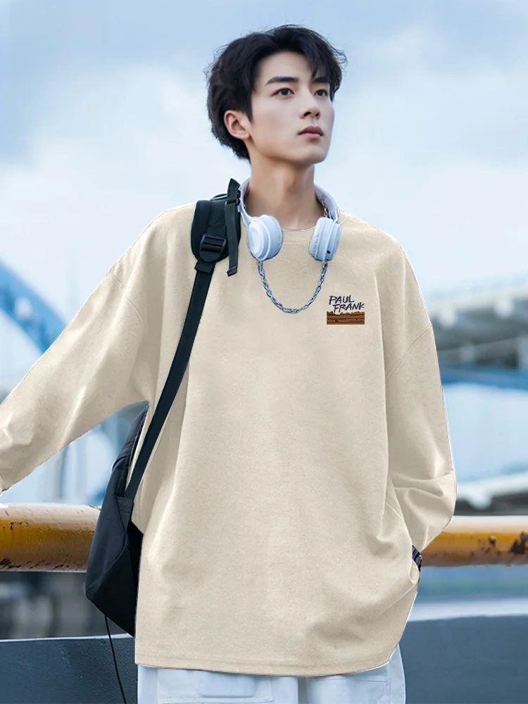 

Мужская футболка с длинным рукавом из чистого хлопка, весна 2026, свободного кроя, с круглым вырезом, повседневная, дышащая, влагоотводящая