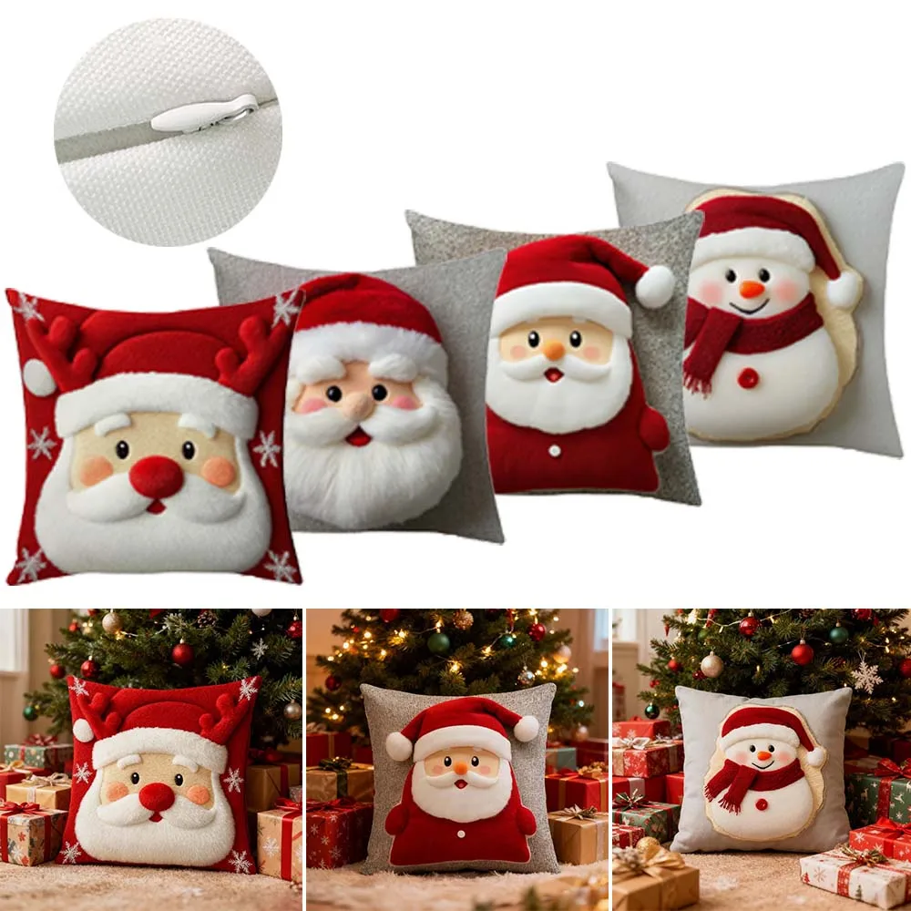 

45cm Red Christmas Pillowcase Cartoon Santa Snowman Elk Sofa Cushion Cover Short Plush Throw Pillow Cover for Holiday Home Decor