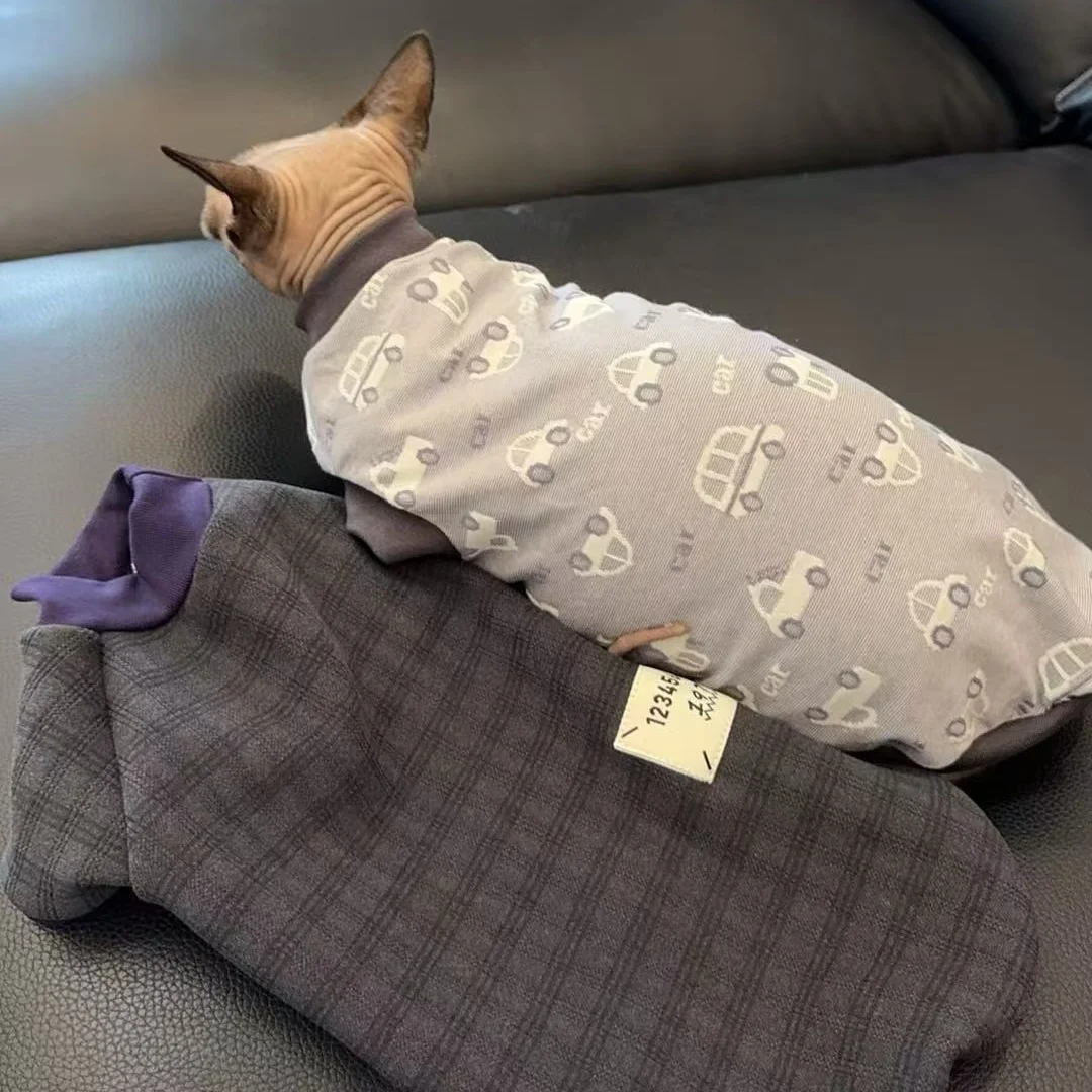 Cartoon Cars T-shirt for Sphynx Cat Short Sleeves Summer Cotton Coat for Devon Rex Soft Grey Jumpsuit for Hairless Cat in Spring view 5