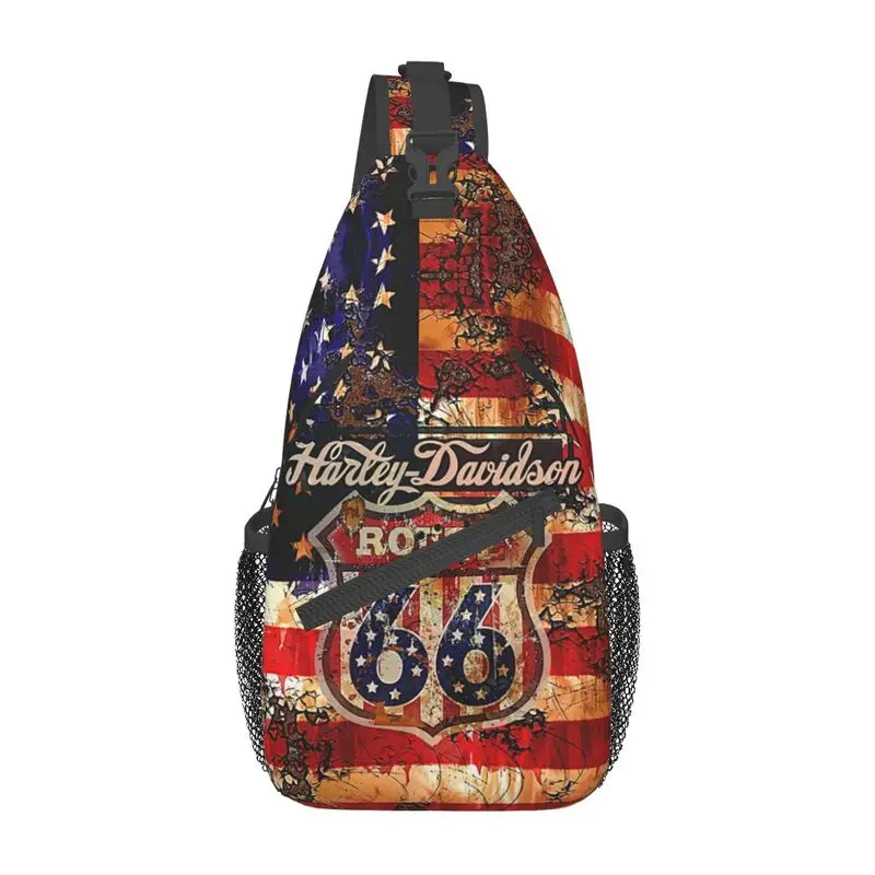 Bolsa de peito de ombro vintage personalizada para homens, mochila crossbody sling, bandeira americana Route 66, ciclismo, mochila camping