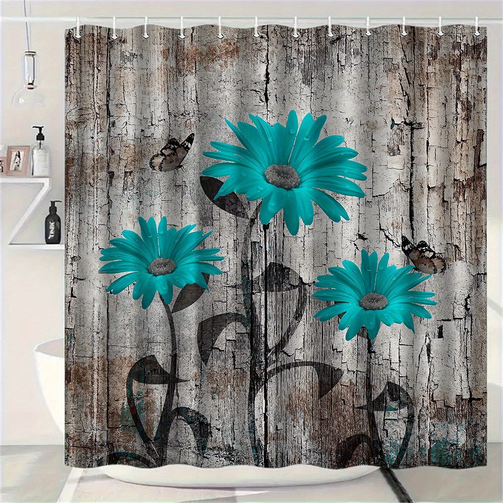 

Одиночная минималистичная занавеска для душа с синим цветочным узором — элегантный натуральный дизайн, подходящий для различных настроек, включает в себя