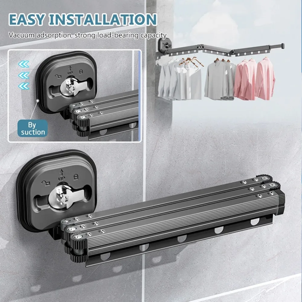 Suction Wall Mount Telescopic Folding Clothes Hanger No Punching Heavy Duty Saving Space Aluminum Alloy Hanging Pole for Balcony