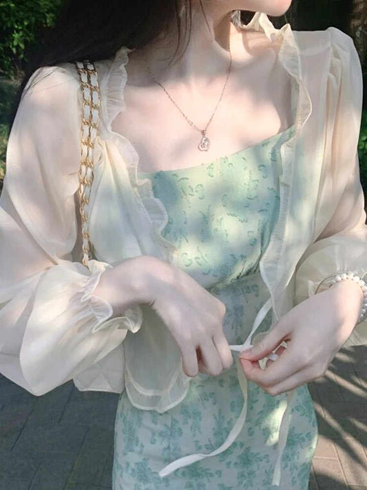 

Women Cardigan Ice Silk Sun Protection Chiffon Summer Large Size Thin Jacket Short Top Retro Simple College Style Slight Strech