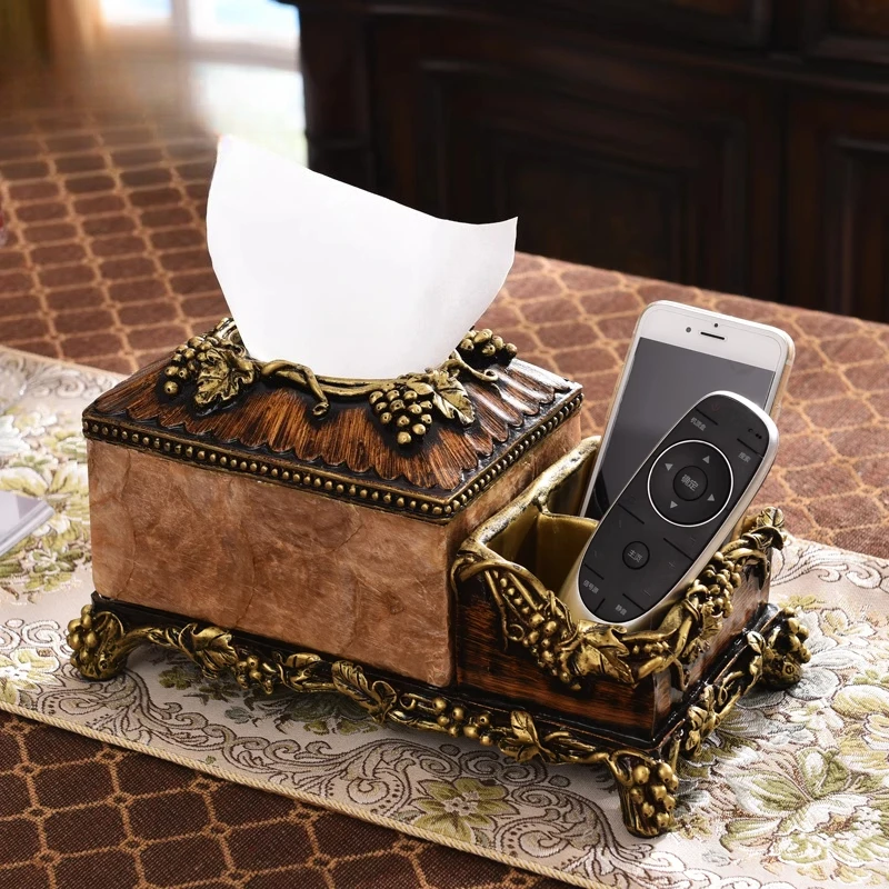 Retro tissue box American luxury multi-function remote control storage box paper drawing living room Chinese coffee table orname