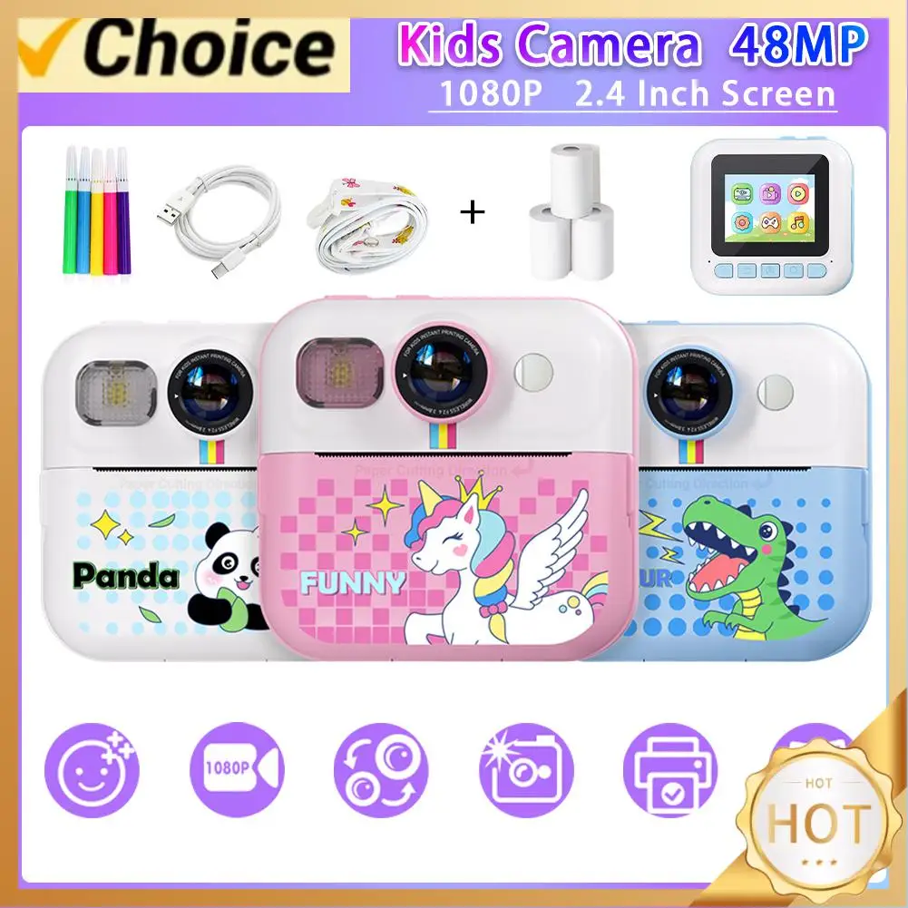 Mini fotocamera per stampa istantanea per bambini fotocamera per stampa termica con schermo da 2.4 pollici con stampante termica per carta da stampa a 3 rotoli 48MP 1080P Video