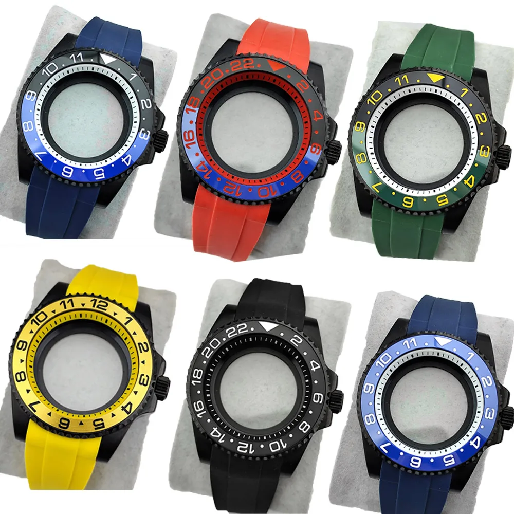 Watch Case 40.5mm Steel GMT Chapter Ring Sapphire Glass Fit NH34 NH35 NH36 Black Silver Shell Multicolor Silicone Strap