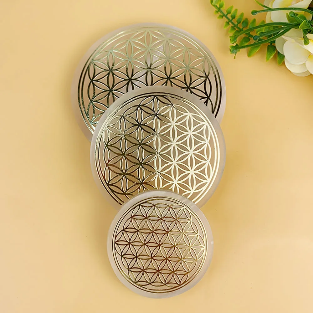 6-10CM Natural Crystal Selenite Slice Slab White Gypsum Flower of Life Charging Plate For Cleansing Meditation Fengshui Chakra