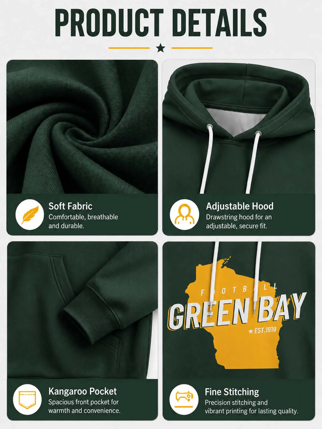 Men's Custom Green Bay Football Hoodie with City Map Personalized Printed Team Name Number Sweatshirt Game Day Pullover Gift