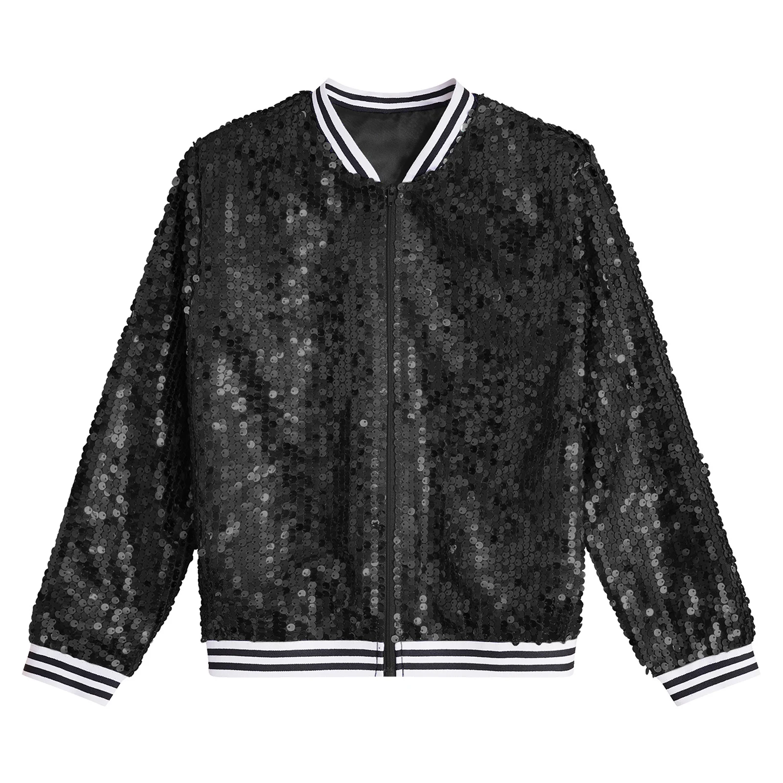 Kids Girls Sequin Dance Coat Baseball Jackets Sparkly Long Sleeve Front Zip Up Striped Trim Outerwear Party Bomber Jackets