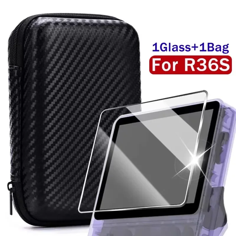 4-in-1-Hülle + Glas für die R36S-Spielekonsole, Reise-Aufbewahrungstasche und Displayschutzfolien aus gehärtetem Glas für R36S-Zubehör