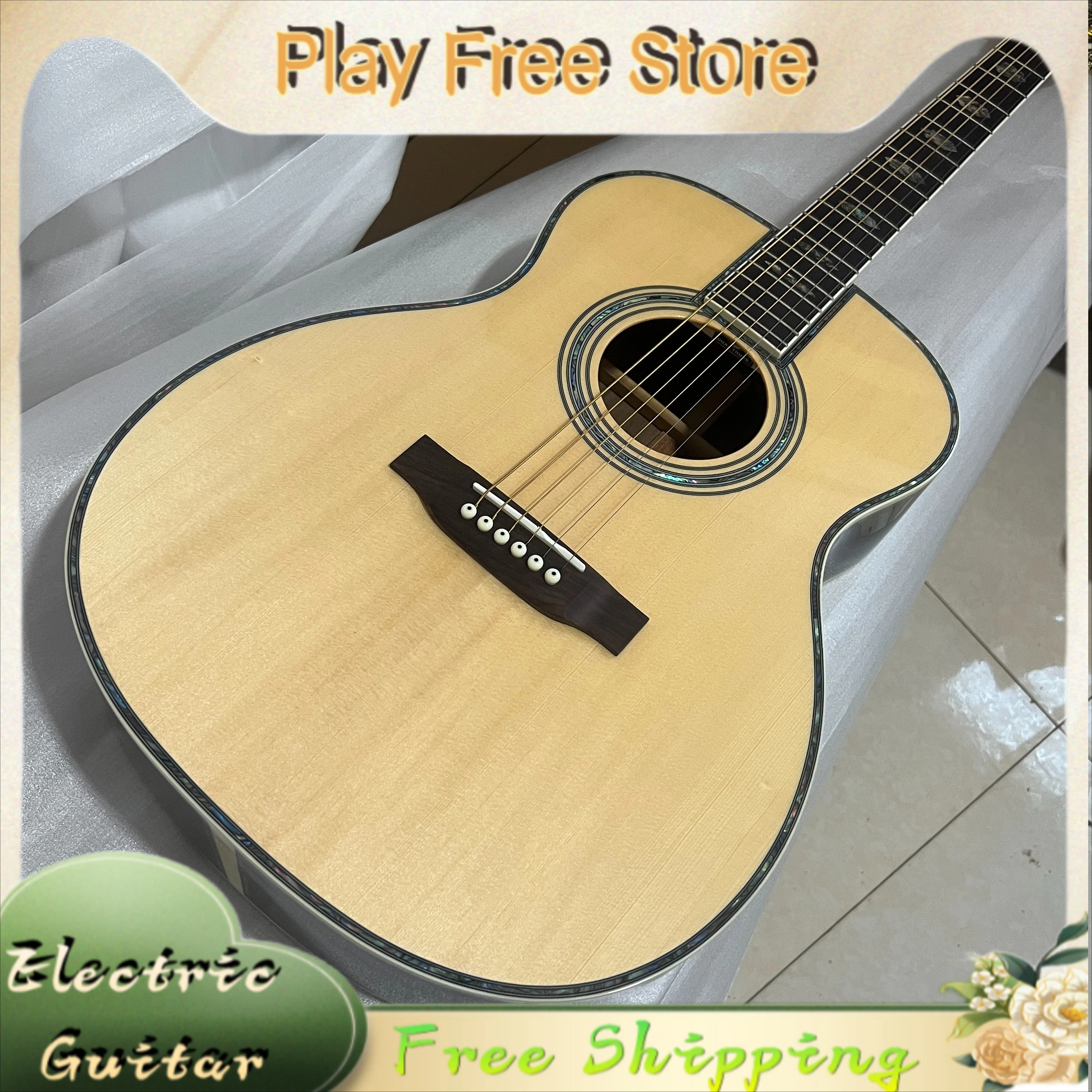 OM45 Weiße Natürliche Akustikgitarre mit Fichtendecke, Seiten und Rücken aus Palisander, Muschel-Einlage, für Anfänger, Unisex, Kostenloser Versand, Bestseller