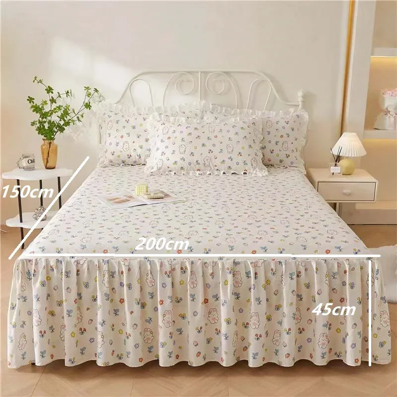 

3pcs set Floral Printed Soft Bed Skirt 100% Cotton Bedspread Princess High Quality Pure Cotton Non-slip Bed Cover