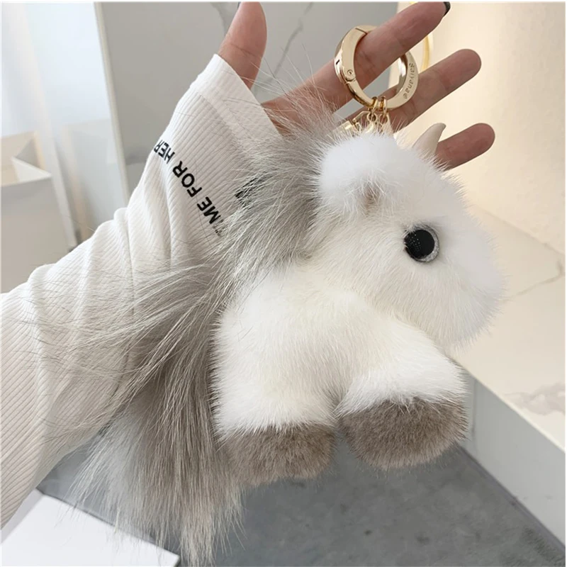 Korean Ins Mink Fur Unicorn Bag Pendant Real Plush Doll Pony Mink Fur Car Keychain Pendant For Wimen