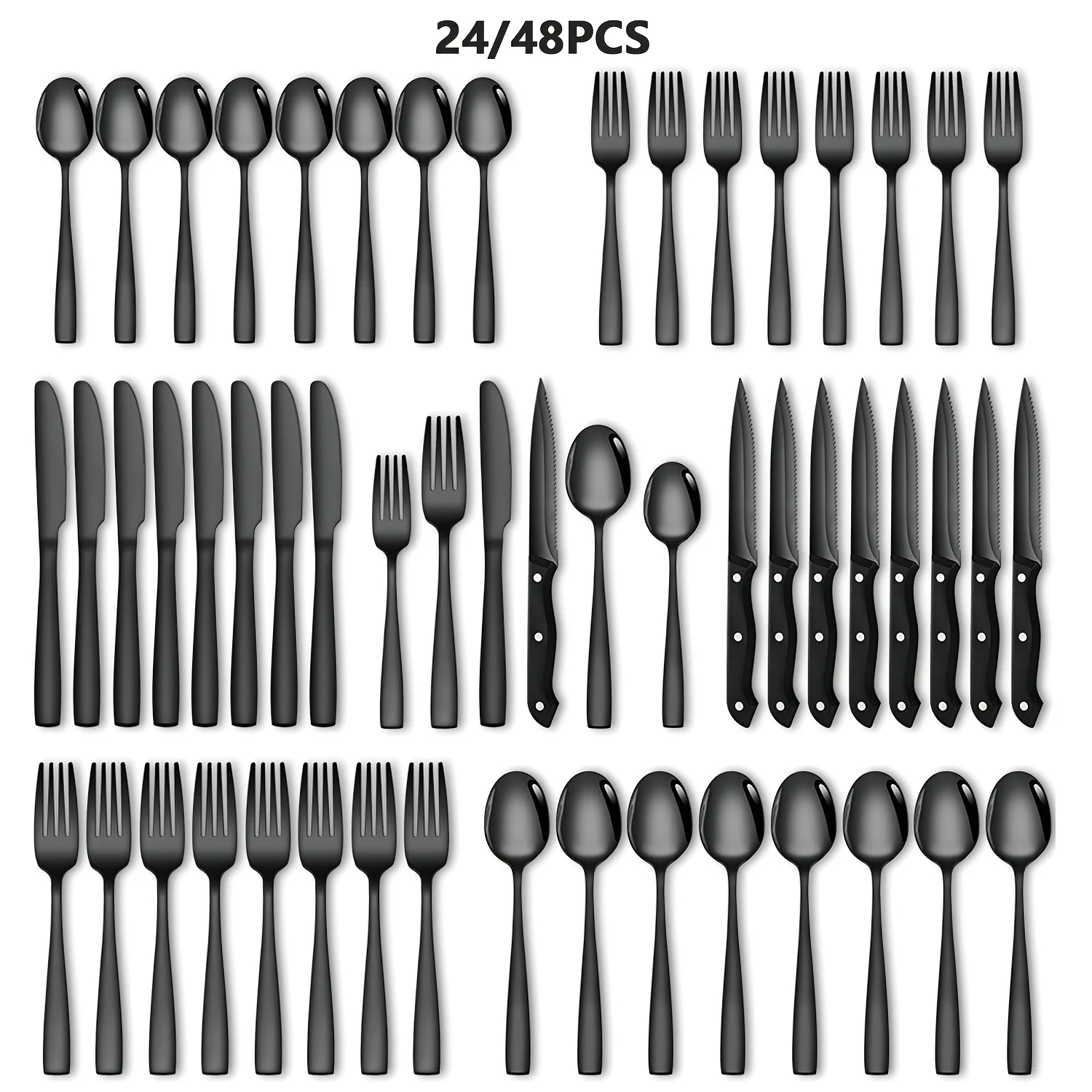 

24/48pcs Black Stainless Steel Flatware Set, Mirror Polish Families Hotels Knives Forks Spoons Cutlery Set with Gift Box for 8 Persons, Durable, Mirror Polished, Dishwasher Safe, Perfect for Halloween, Parties, Weddings, Banquets, Silverware Set