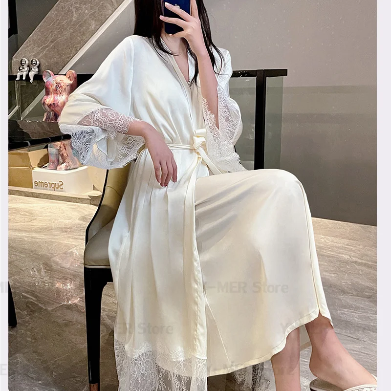 Elegant Long Wedding Robe Set 2 Pieces Vestidos De Novia Sexy Lace Trim Nightdress Women Sleepwear Loose Summer New Vestidos