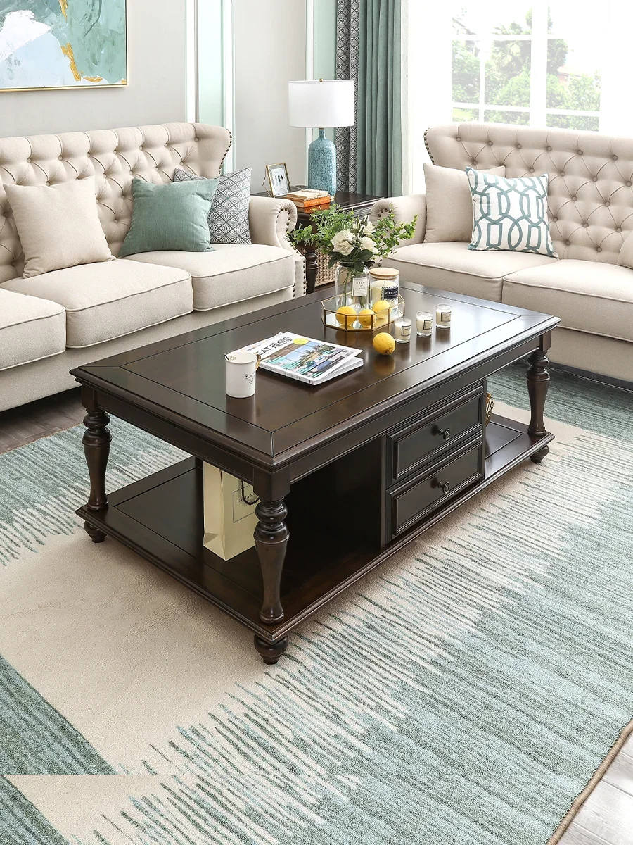 HT  American pure solid wood light luxury simple retro European living room home coffee table