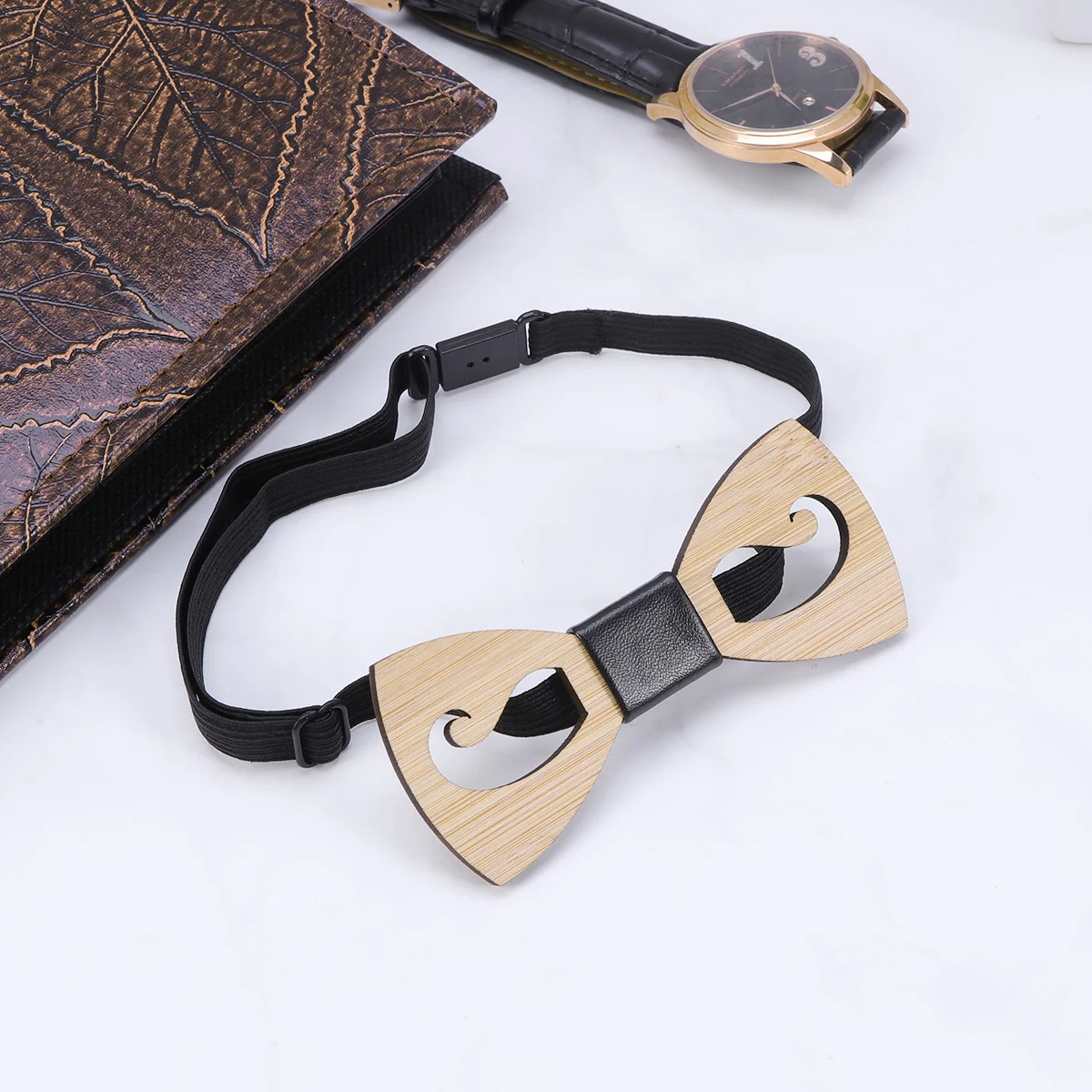 

Wooden Bowknot Bowtie Pre-Shaped Hollow Mustache Pattern Adjustable Strap Elastic Band for Men Wedding Party Dress Collar