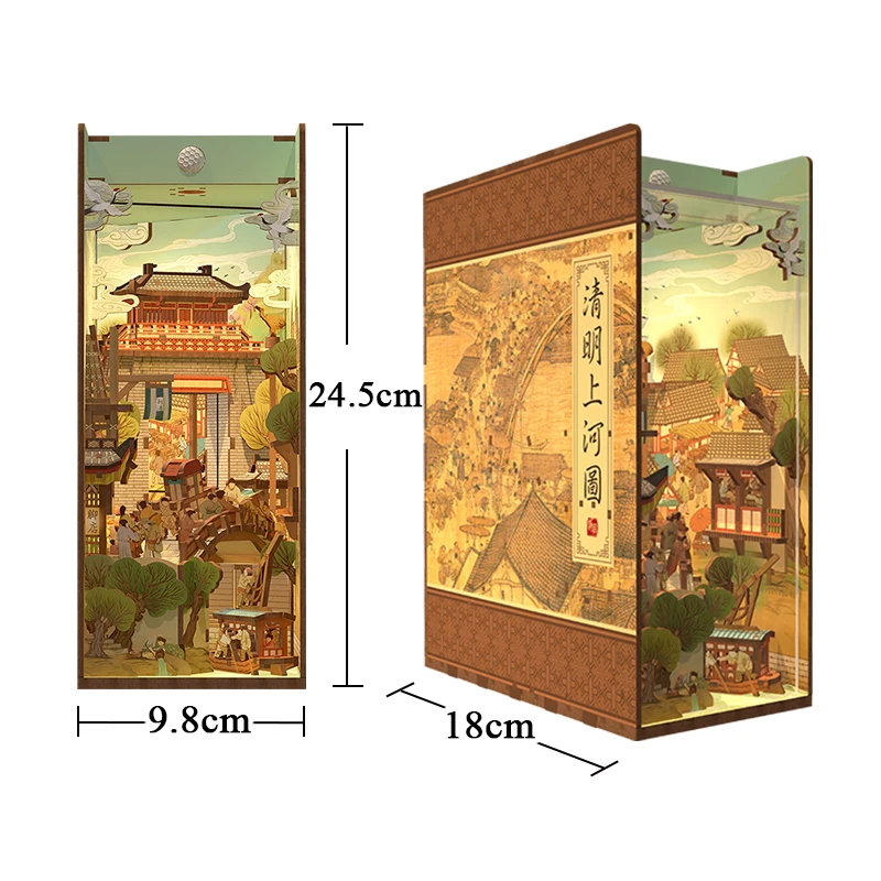 DIY Book Nook Shelf Insert Kits Wooden Miniature Building Kit Chinese Ancient Town Bookend Assembled Bookshelf Home Decoration