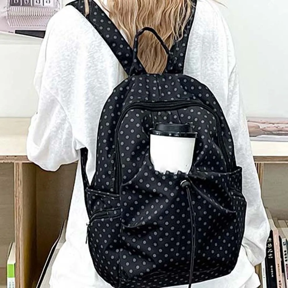 

Anti-splash Water Polka Dot Nylon Backpack Spacious Lightweight Student School Bag Drawstring Multi-Pocket Travel Daypack