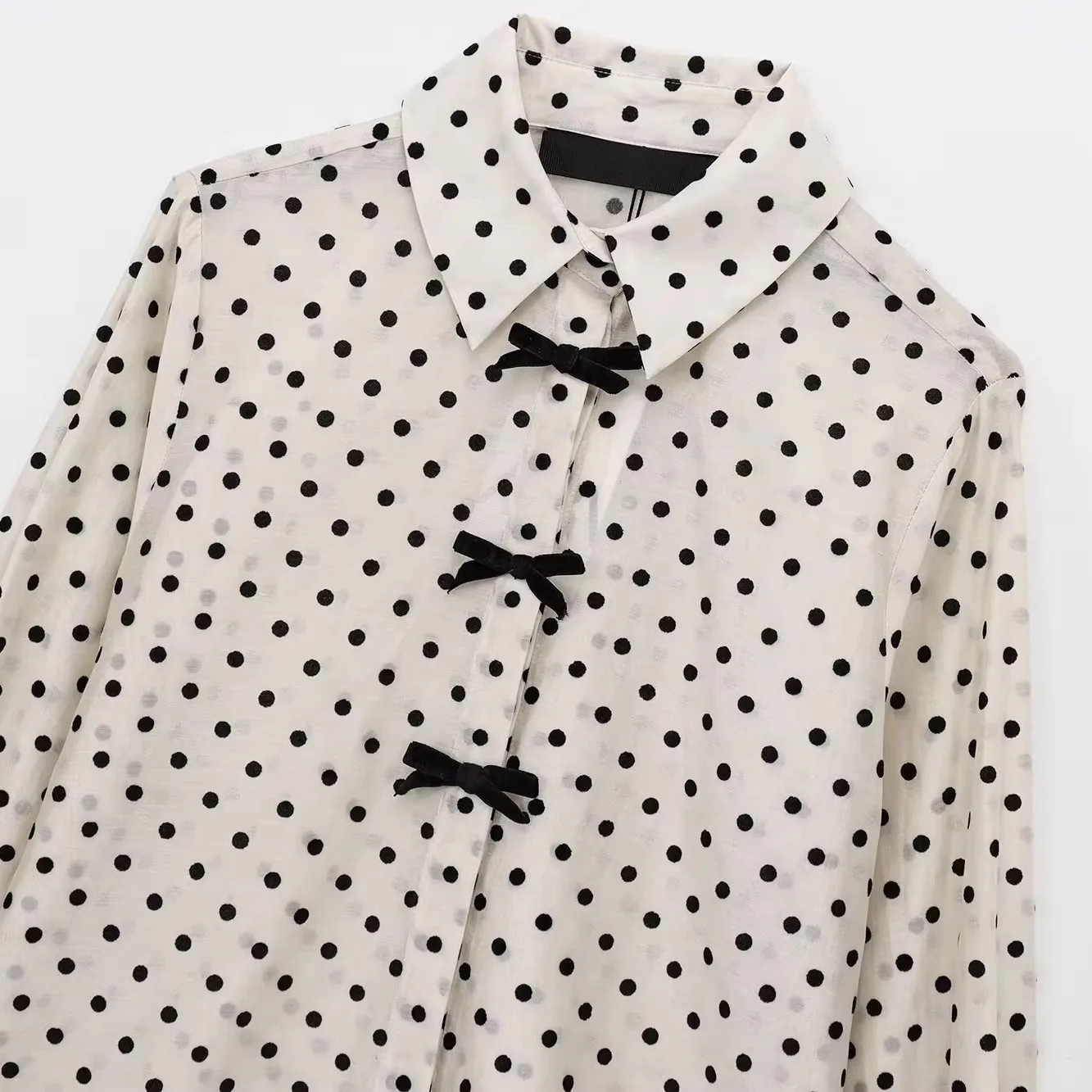 Faionable Polka Dot irt with  Knot Design Women's Clothing JNLEAOG New Sle Polyester Fiber Long Sve irt