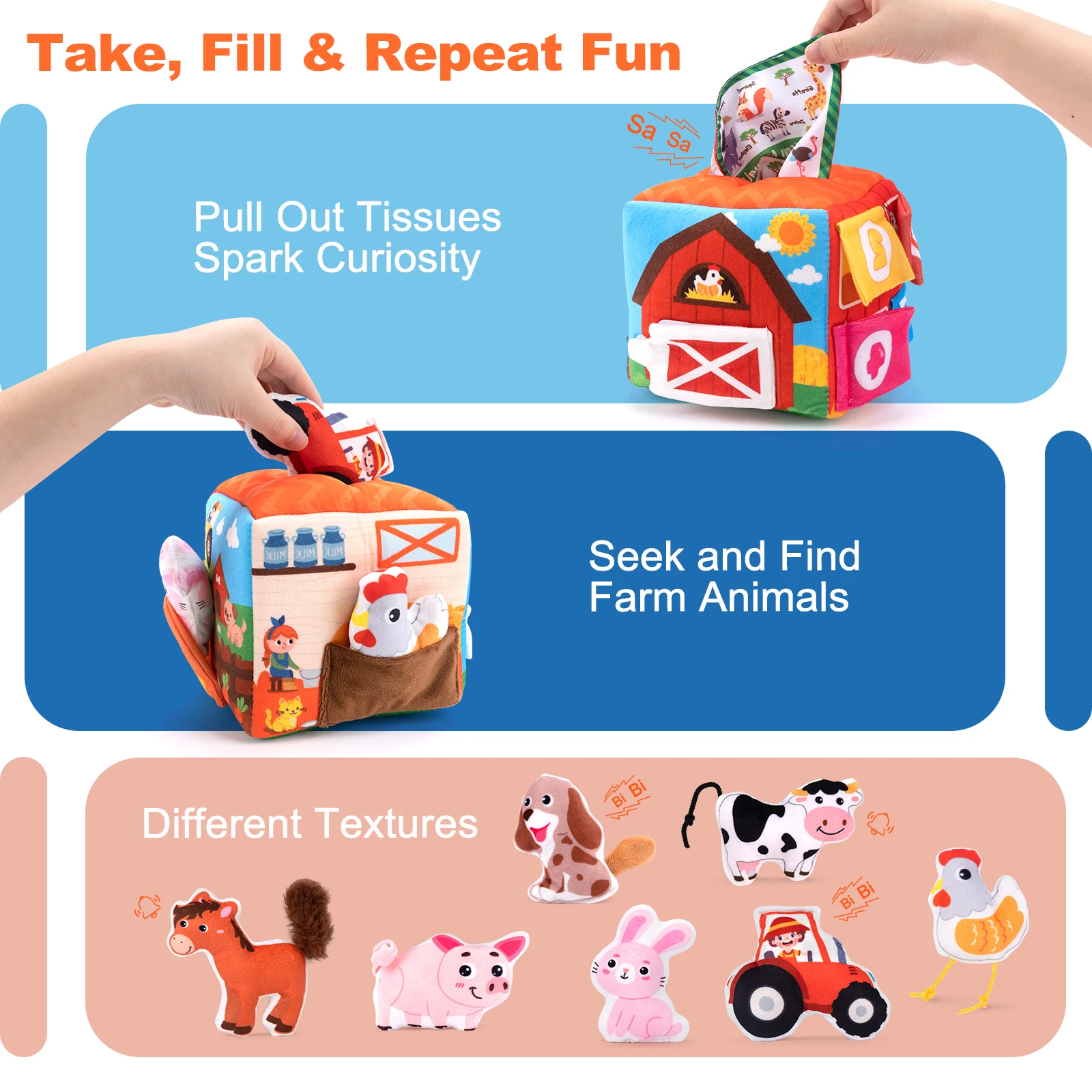 ベビーソフトぬいぐるみ動物ティッシュボックス模擬家畜ハウスセットサウンド幼児感覚認知おもちゃモンテッソーリおもちゃ