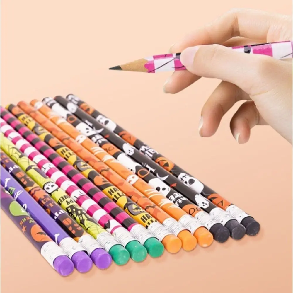 12Pcs Fashion Skull Goost Halloween Writing Pencils with Erasers Creative Wooden Pencil Stationery Gift Student Pen