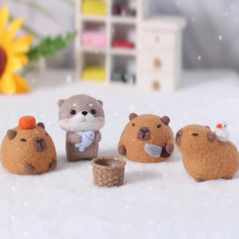 Bonito gordinho capivara peixe cinza iniciante material kit lã feltro artesanal diy boneca brinquedos de pelúcia decorações de mesa