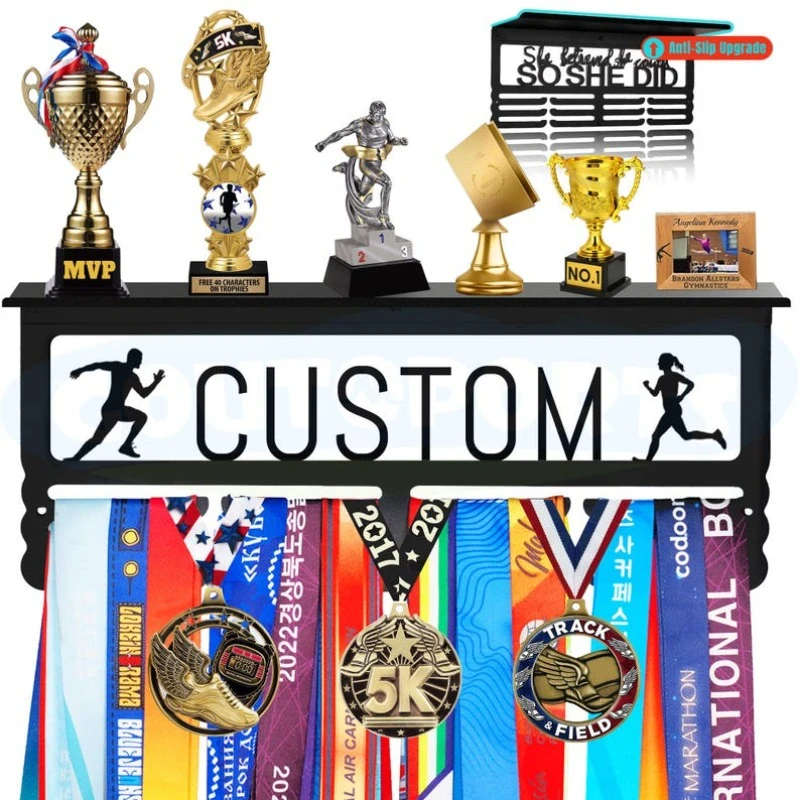 Personalized Medal Hanger with Trophy Shelf Custom Name Display Rack for Runner Marathon Awards Ribbons Trophies Holds Up