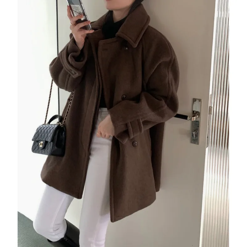 

Ladies' Chic Korean Sle Woolen Coat Autumn Winter New Loose Lazy Sle Personali Thi Warm Heavy Work Woolen Overcoat