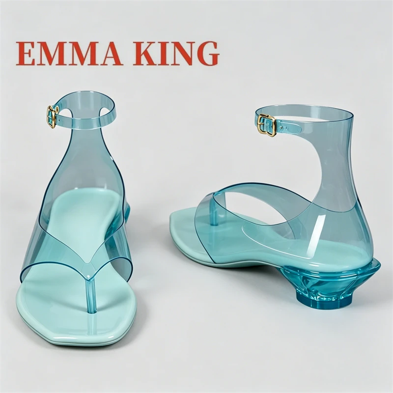 Women's Thong Jelly Sandals,2026 New Clear PVC Sandals ,Ankle Buckle Strap Low Heel Sandals,Summer Beach Casual Footwear,35-43