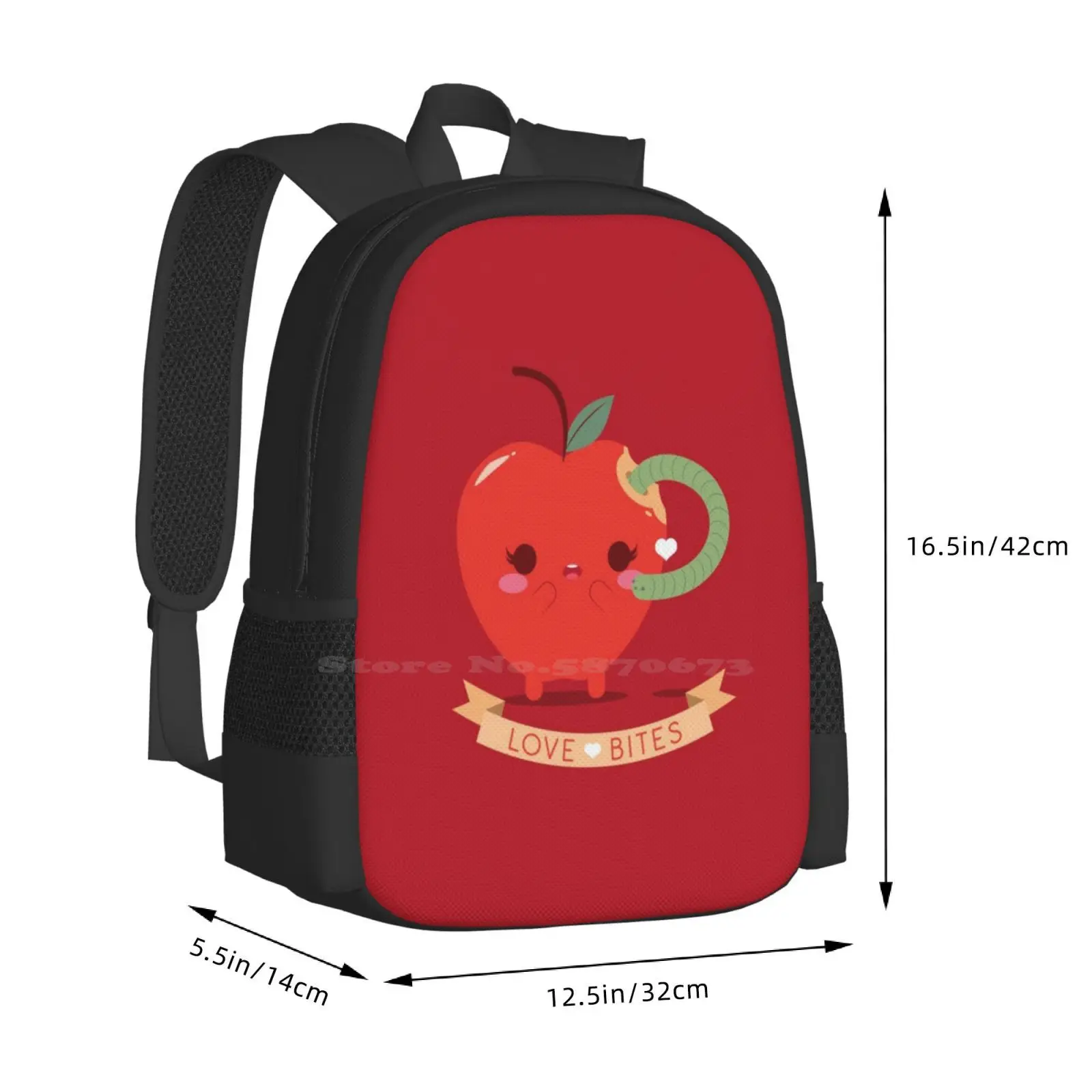 Love Bites Cute Apple Backpack, Kawaii Adorável Worm Worm na Apple, venda quente, bolsas de moda, mordidas