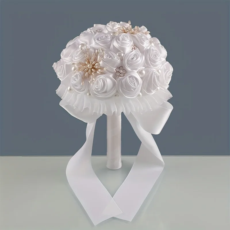 우아한 새틴 진주 신부 부케 - 결혼식, 생일, 발렌타인 데이를 위한 크림 화이트