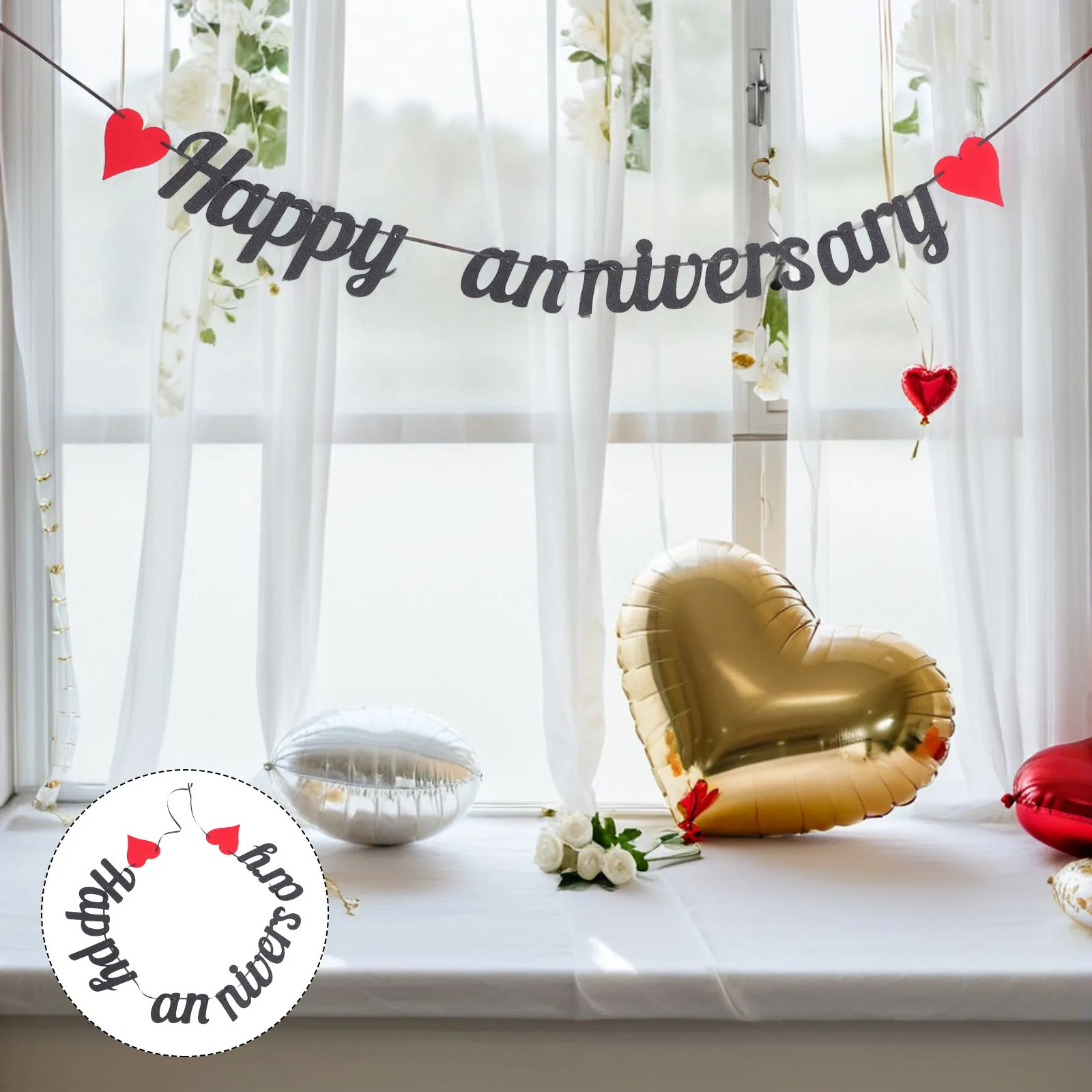 

4Pcs Wedding Anniversary Banner Heart Garland Glitter Romantic Decorations Happy Anniversary Party Supplies Wedding Celebration