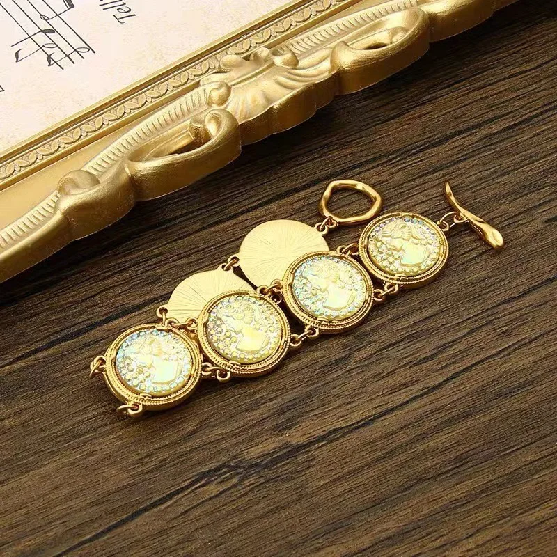 CC'S HOME European Retro Portrait Relief Bracelet 24K Gold Plated Colorful Glass Feel Bracelet Jewelry Trend