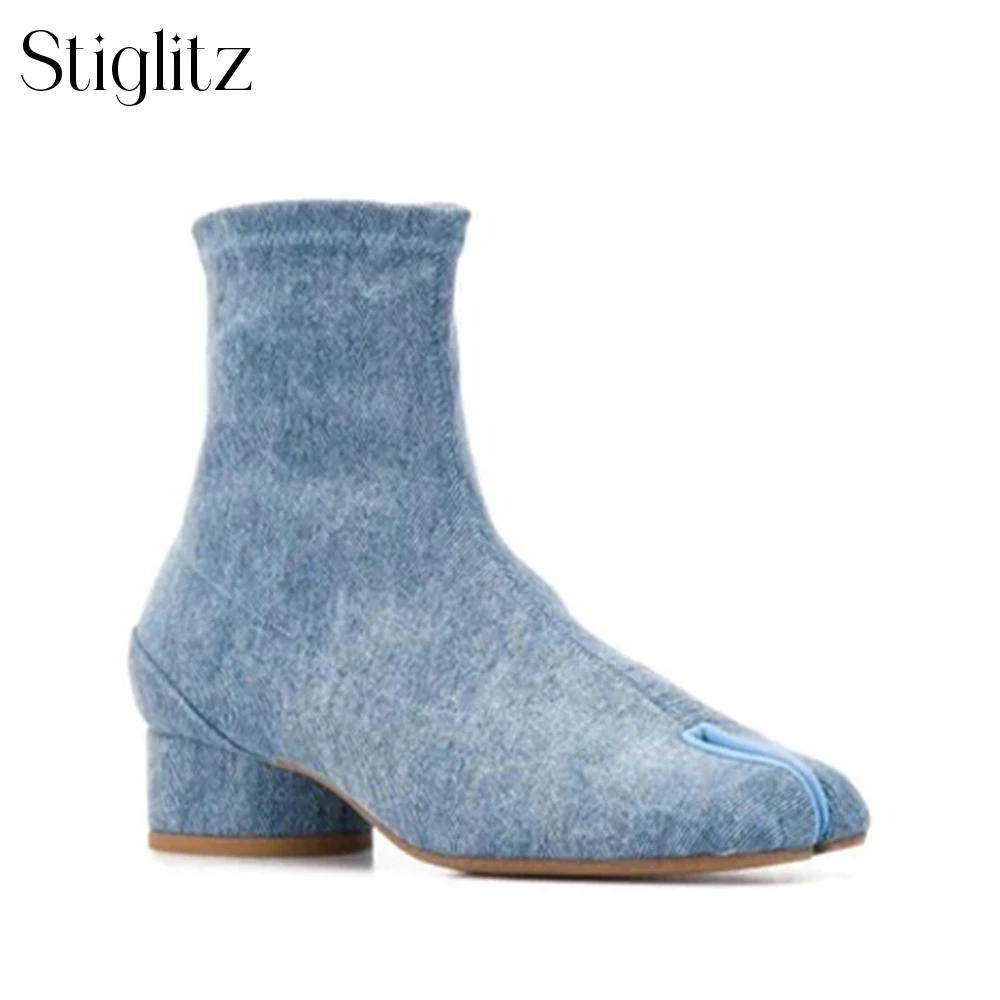 

Denim Tabi Booties for Men 3cm Low Cylindrical Heel Buckle Ankle Boots Fashionable Designer Style Square Toe Split Toe Boots New